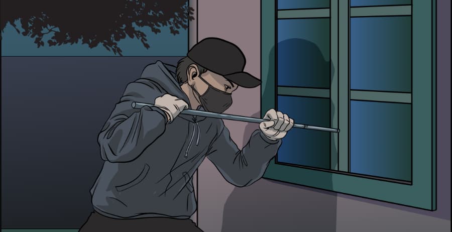 Illustration of burglar forcing entry through a window